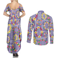 Hawaiian Leis Couples Matching Summer Maxi Dress and Long Sleeve Button Shirt Kakau Tattoos and Palaka Pastel Purple Color