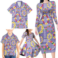 Hawaiian Leis Family Matching Long Sleeve Bodycon Dress and Hawaiian Shirt Kakau Tattoos and Palaka Pastel Purple Color