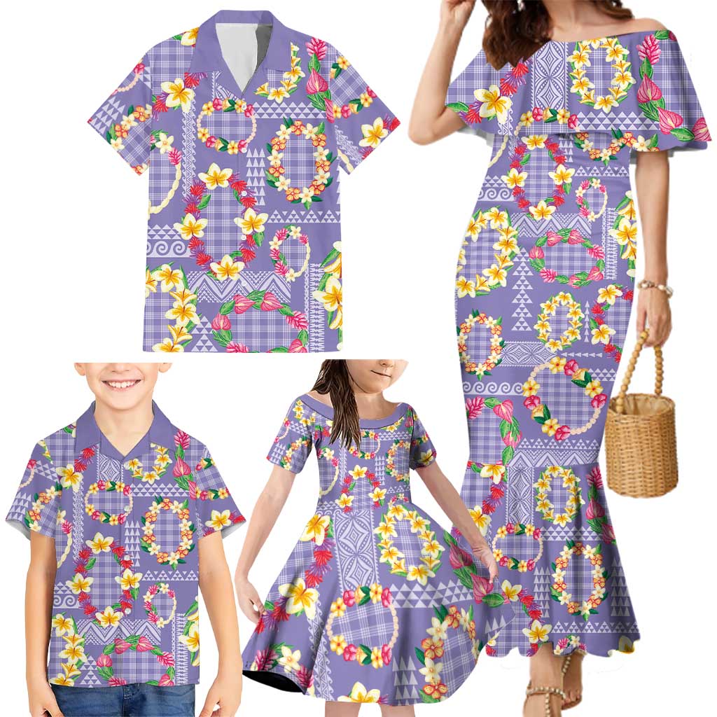 Hawaiian Leis Family Matching Mermaid Dress and Hawaiian Shirt Kakau Tattoos and Palaka Pastel Purple Color