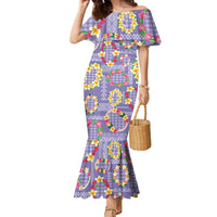 Hawaiian Leis Family Matching Mermaid Dress and Hawaiian Shirt Kakau Tattoos and Palaka Pastel Purple Color