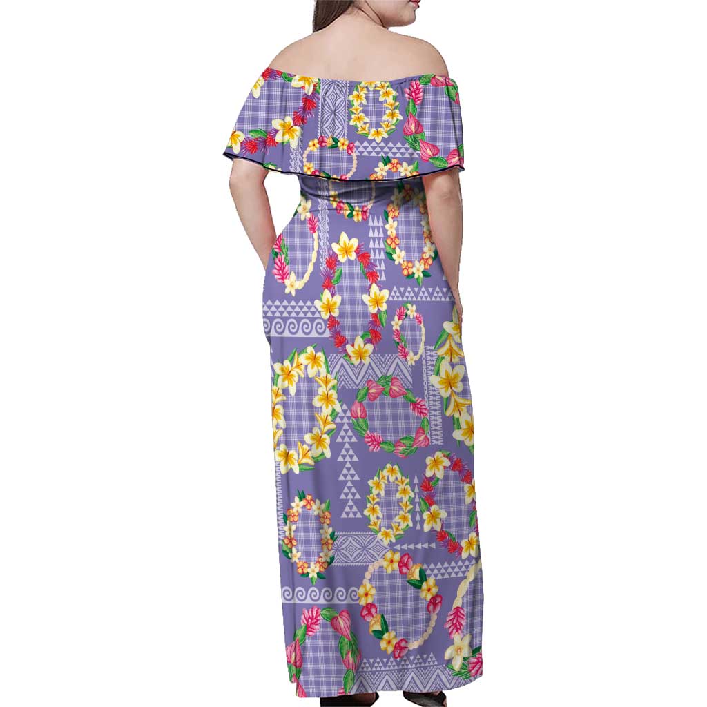 Hawaiian Leis Family Matching Off Shoulder Maxi Dress and Hawaiian Shirt Kakau Tattoos and Palaka Pastel Purple Color