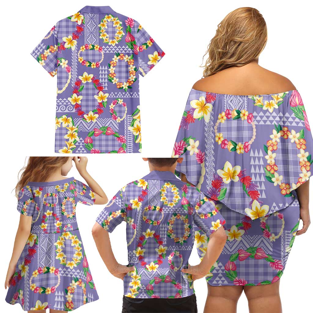 Hawaiian Leis Family Matching Off Shoulder Short Dress and Hawaiian Shirt Kakau Tattoos and Palaka Pastel Purple Color