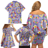Hawaiian Leis Family Matching Off Shoulder Short Dress and Hawaiian Shirt Kakau Tattoos and Palaka Pastel Purple Color