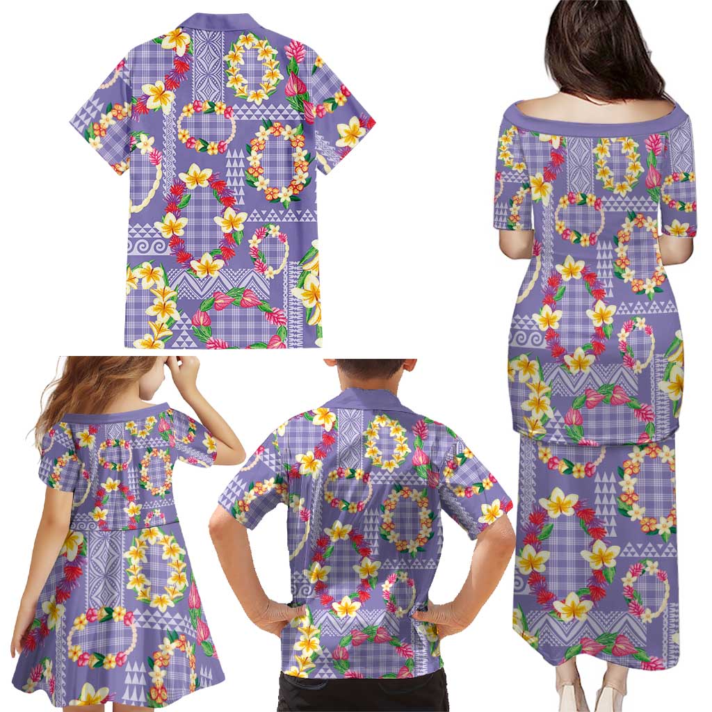 Hawaiian Leis Family Matching Puletasi and Hawaiian Shirt Kakau Tattoos and Palaka Pastel Purple Color