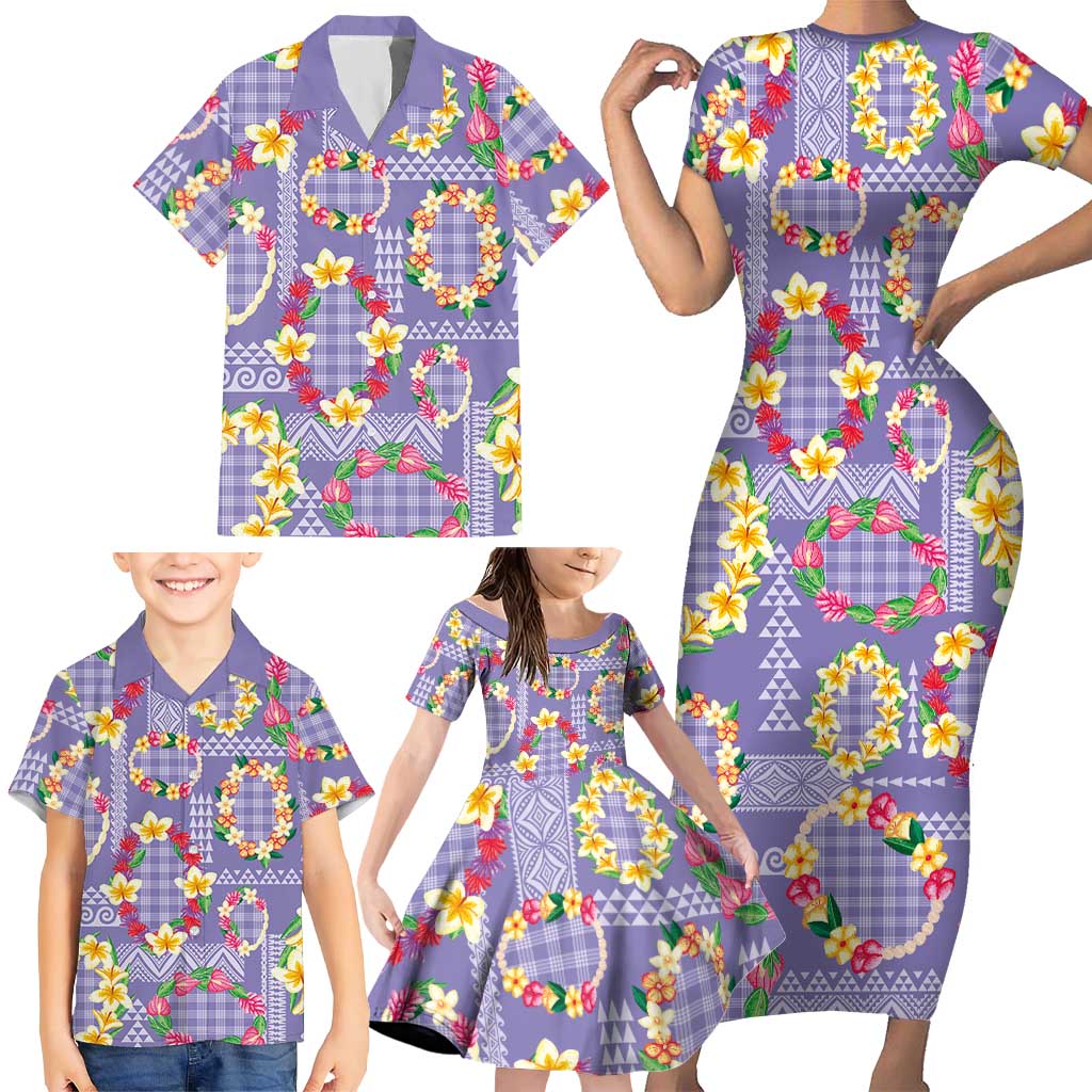 Hawaiian Leis Family Matching Short Sleeve Bodycon Dress and Hawaiian Shirt Kakau Tattoos and Palaka Pastel Purple Color