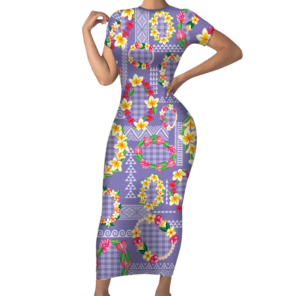 Hawaiian Leis Family Matching Short Sleeve Bodycon Dress and Hawaiian Shirt Kakau Tattoos and Palaka Pastel Purple Color
