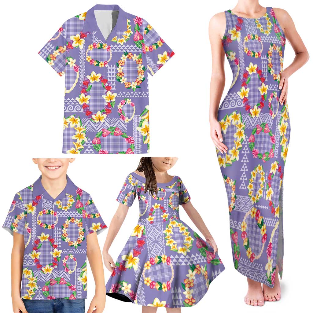 Hawaiian Leis Family Matching Tank Maxi Dress and Hawaiian Shirt Kakau Tattoos and Palaka Pastel Purple Color LT03 - Polynesian Pride