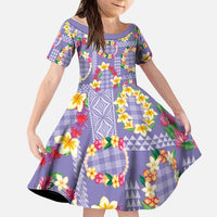 Hawaiian Leis Kid Short Sleeve Dress Kakau Tattoos and Palaka Pastel Purple Color