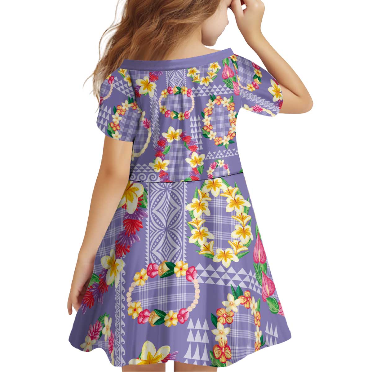 Hawaiian Leis Kid Short Sleeve Dress Kakau Tattoos and Palaka Pastel Purple Color
