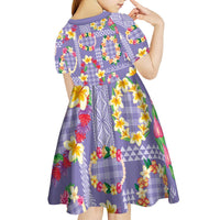Hawaiian Leis Kid Short Sleeve Dress Kakau Tattoos and Palaka Pastel Purple Color