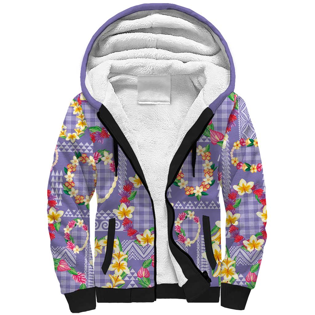 Hawaiian Leis Sherpa Hoodie Kakau Tattoos and Palaka Pastel Purple Color