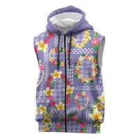 Hawaiian Leis Sleeveless Zip Hoodie Kakau Tattoos and Palaka Pastel Purple Color