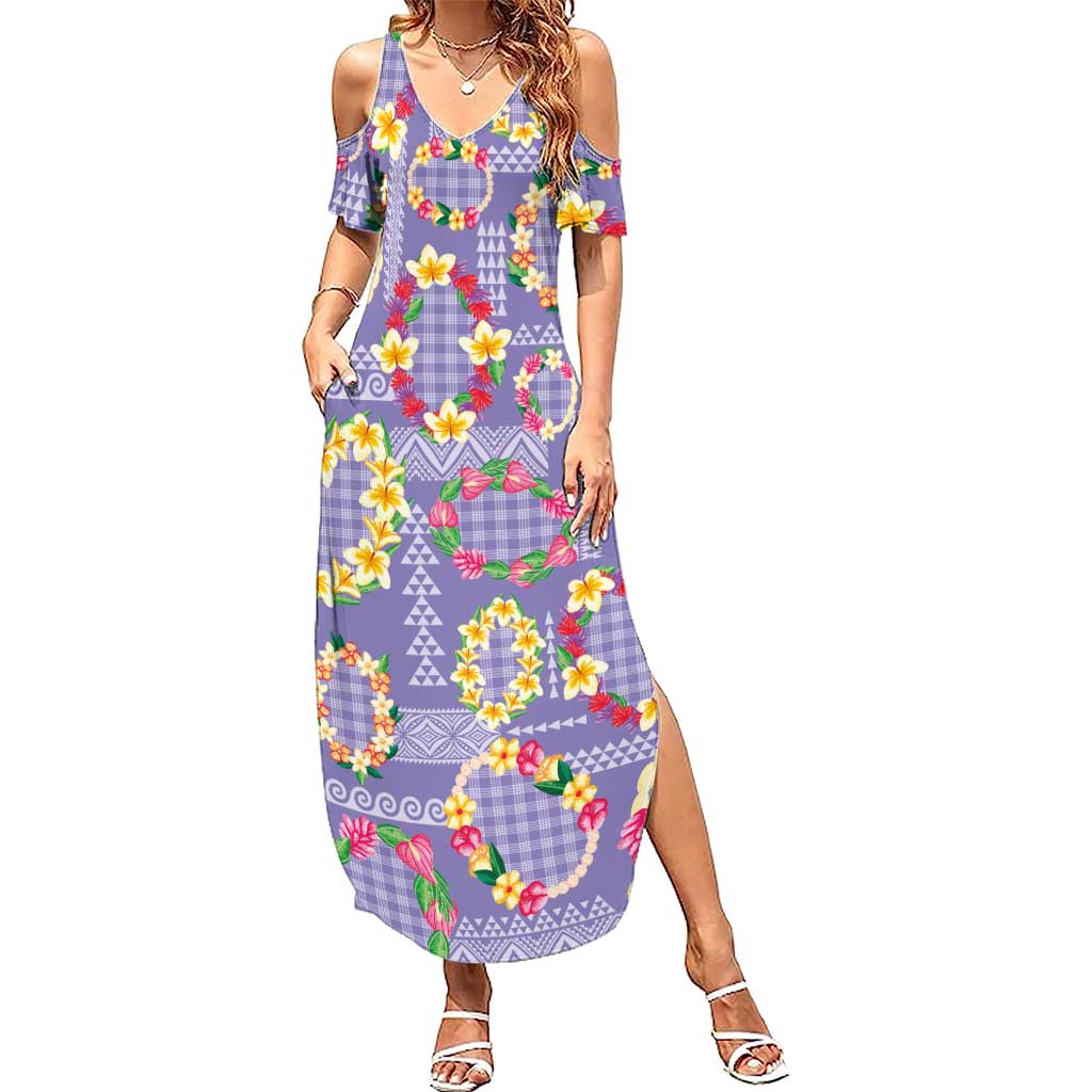Hawaiian Leis Summer Maxi Dress Kakau Tattoos and Palaka Pastel Purple Color