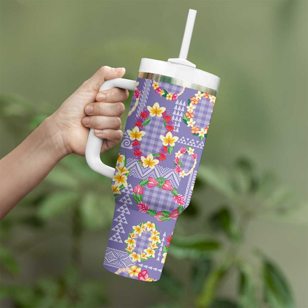 Hawaiian Leis Tumbler With Handle Kakau Tattoos and Palaka Pastel Purple Color LT03 - Polynesian Pride