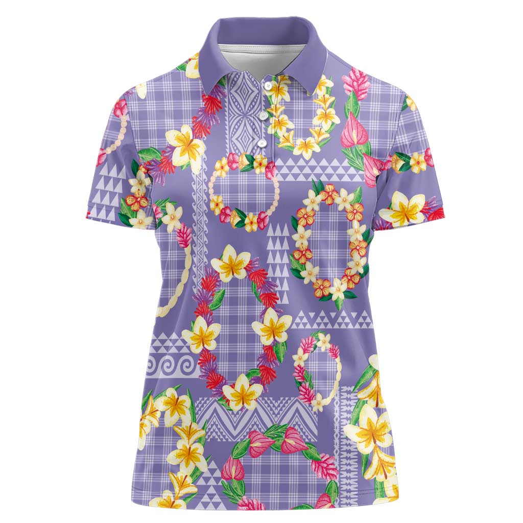 Hawaiian Leis Women Polo Shirt Kakau Tattoos and Palaka Pastel Purple Color