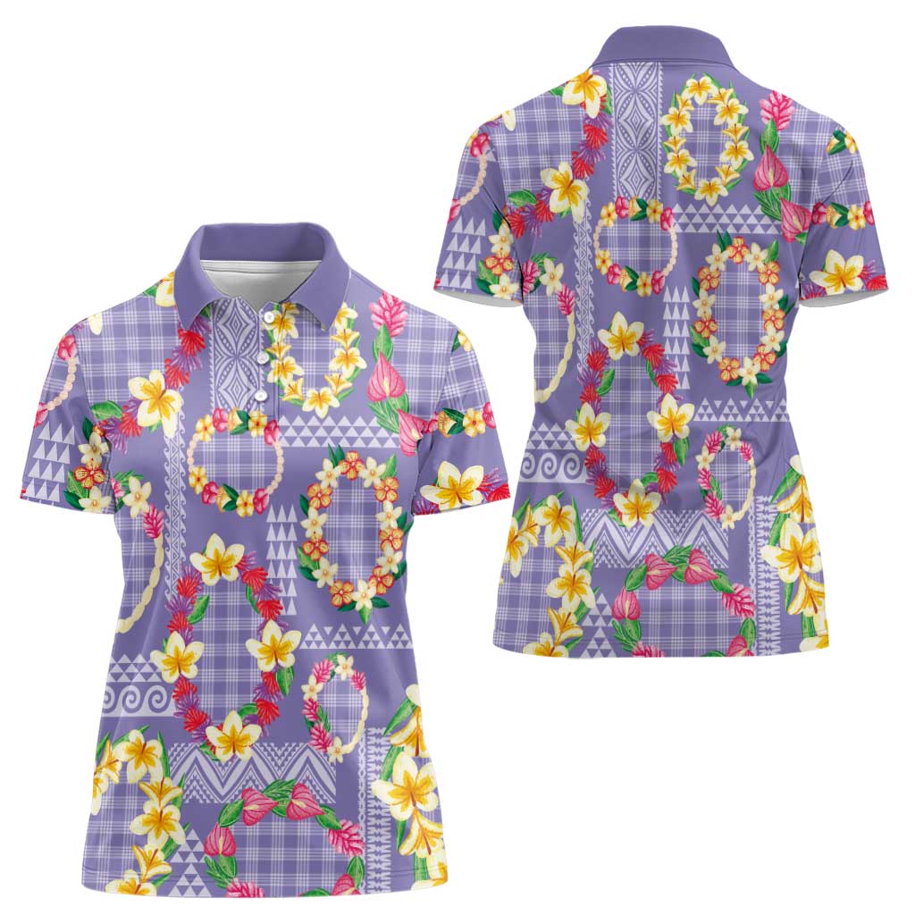 Hawaiian Leis Women Polo Shirt Kakau Tattoos and Palaka Pastel Purple Color