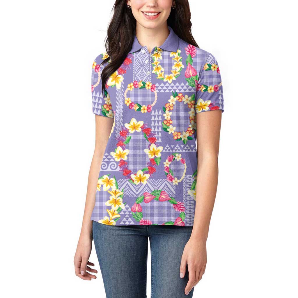 Hawaiian Leis Women Polo Shirt Kakau Tattoos and Palaka Pastel Purple Color