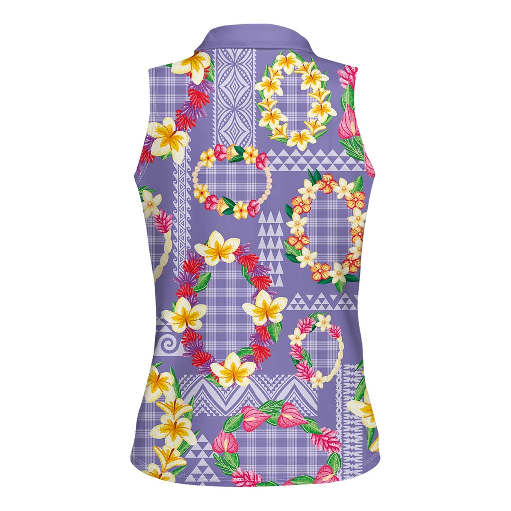 Hawaiian Leis Women Sleeveless Polo Shirt Kakau Tattoos and Palaka Pastel Purple Color