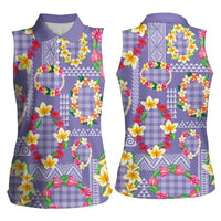Hawaiian Leis Women Sleeveless Polo Shirt Kakau Tattoos and Palaka Pastel Purple Color