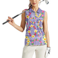 Hawaiian Leis Women Sleeveless Polo Shirt Kakau Tattoos and Palaka Pastel Purple Color