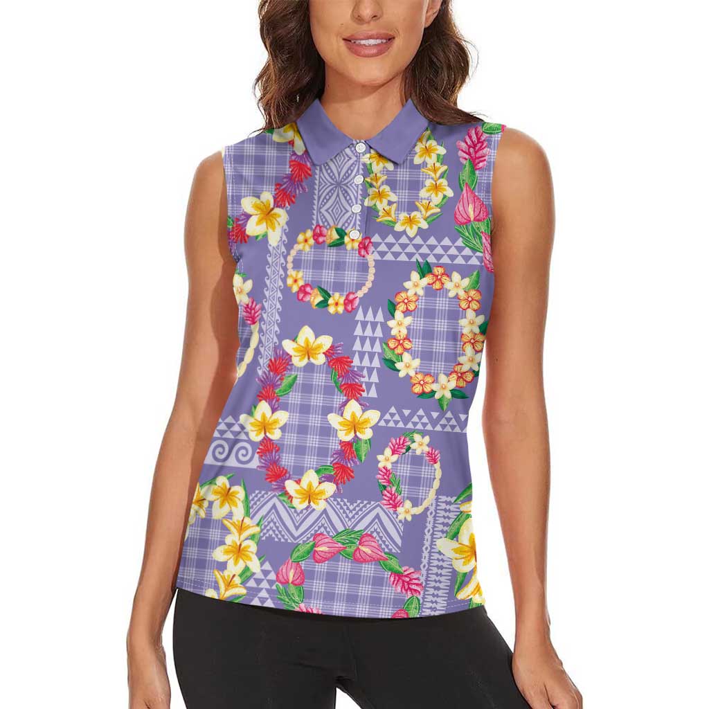 Hawaiian Leis Women Sleeveless Polo Shirt Kakau Tattoos and Palaka Pastel Purple Color