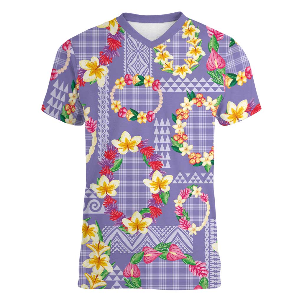 Hawaiian Leis Women V-Neck T-Shirt Kakau Tattoos and Palaka Pastel Purple Color