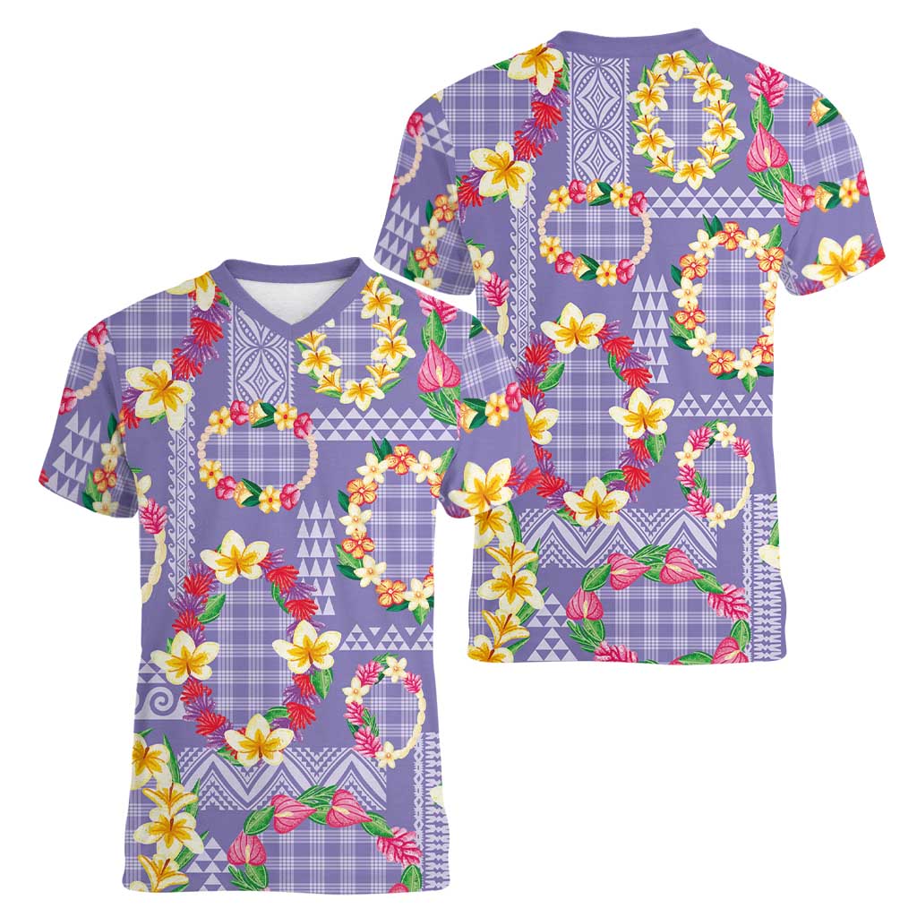 Hawaiian Leis Women V-Neck T-Shirt Kakau Tattoos and Palaka Pastel Purple Color