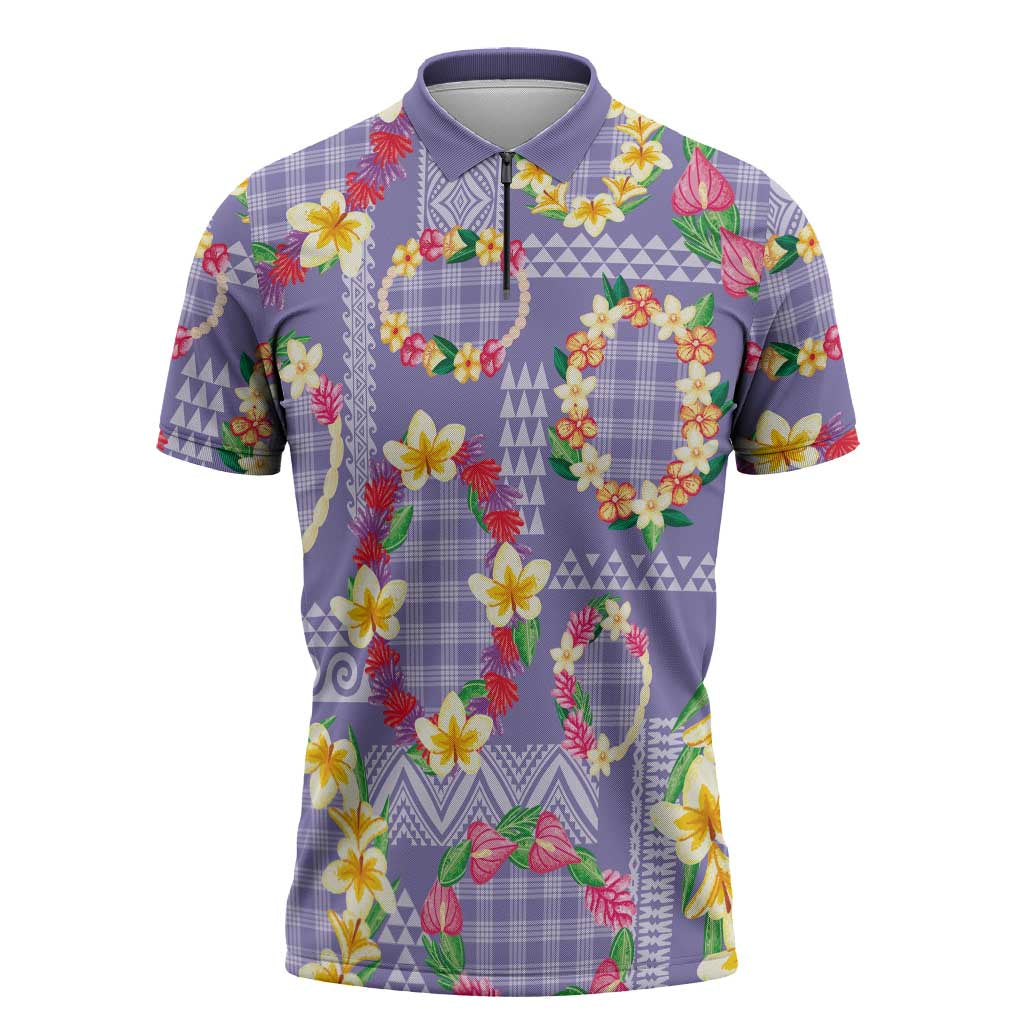 Hawaiian Leis Zipper Polo Shirt Kakau Tattoos and Palaka Pastel Purple Color