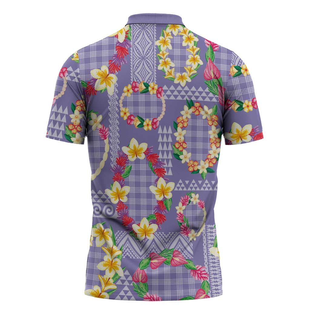 Hawaiian Leis Zipper Polo Shirt Kakau Tattoos and Palaka Pastel Purple Color