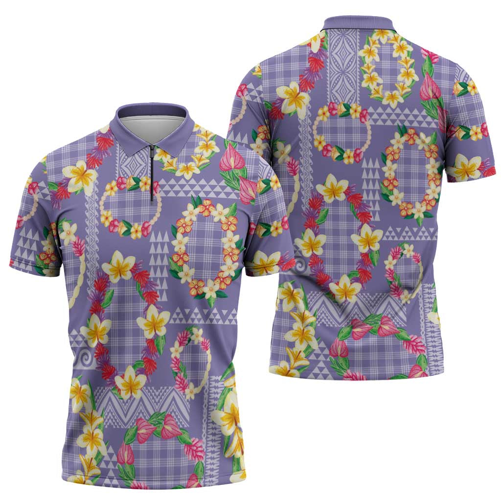 Hawaiian Leis Zipper Polo Shirt Kakau Tattoos and Palaka Pastel Purple Color