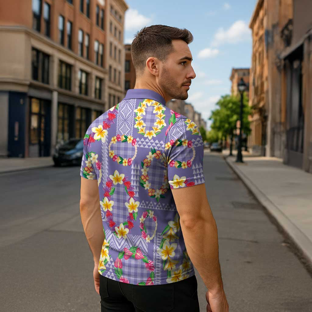 Hawaiian Leis Zipper Polo Shirt Kakau Tattoos and Palaka Pastel Purple Color