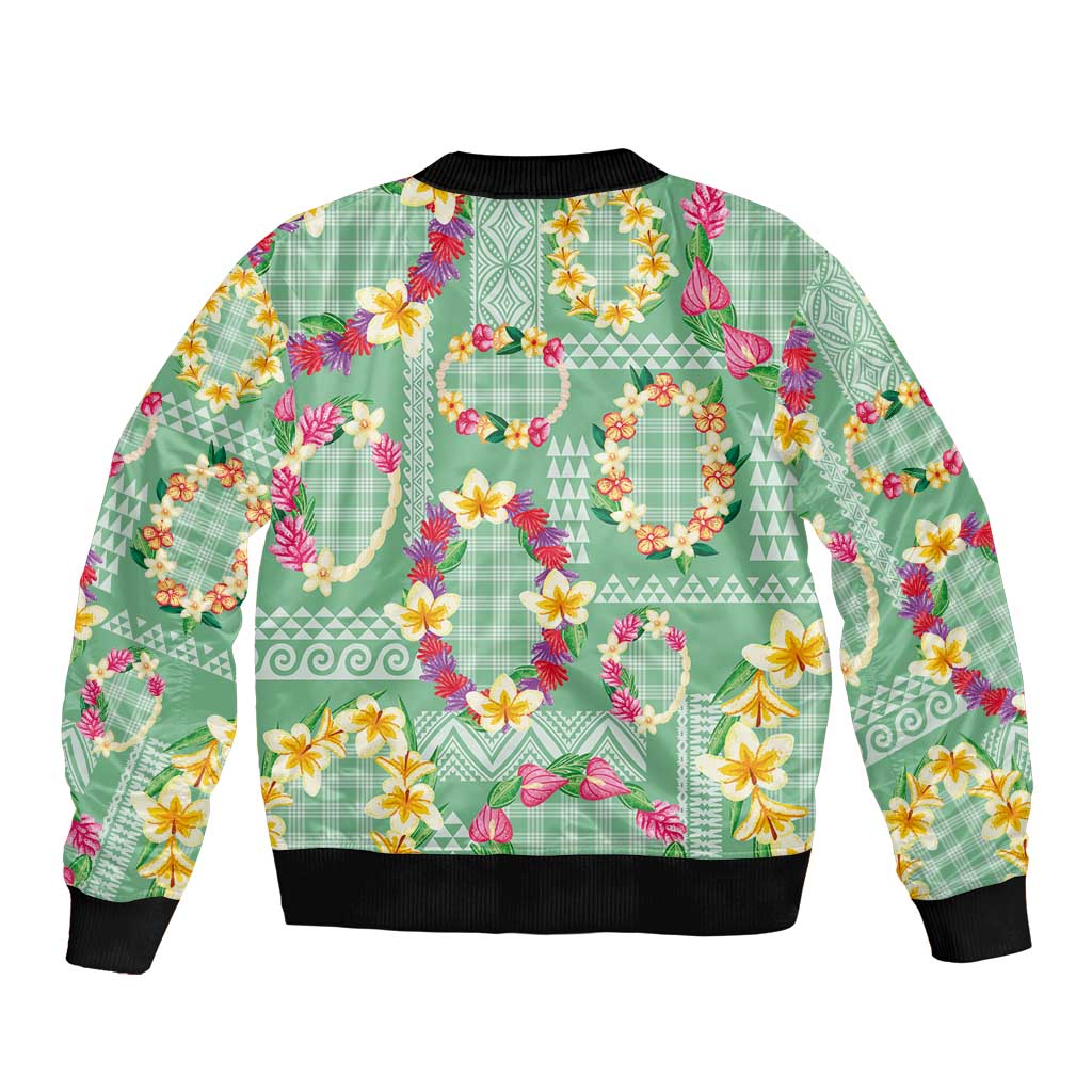 Hawaiian Leis Bomber Jacket Kakau Tattoos and Palaka Pastel Green Color LT03 - Polynesian Pride