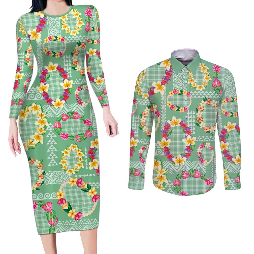 Hawaiian Leis Couples Matching Long Sleeve Bodycon Dress and Long Sleeve Button Shirt Kakau Tattoos and Palaka Pastel Green Color