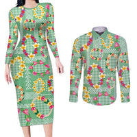 Hawaiian Leis Couples Matching Long Sleeve Bodycon Dress and Long Sleeve Button Shirt Kakau Tattoos and Palaka Pastel Green Color