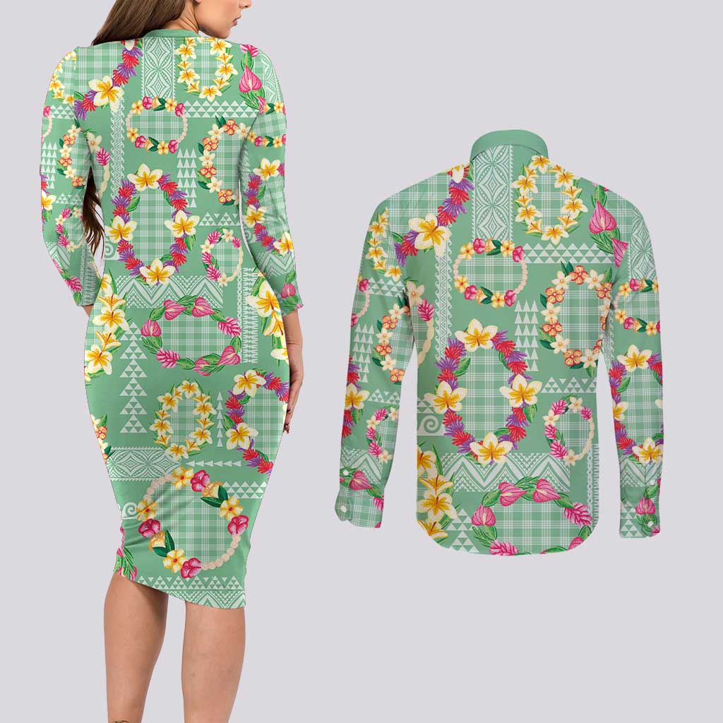 Hawaiian Leis Couples Matching Long Sleeve Bodycon Dress and Long Sleeve Button Shirt Kakau Tattoos and Palaka Pastel Green Color