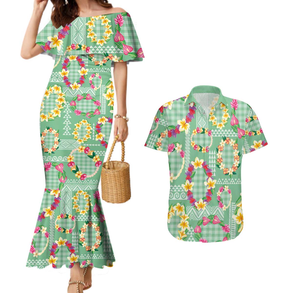 Hawaiian Leis Couples Matching Mermaid Dress and Hawaiian Shirt Kakau Tattoos and Palaka Pastel Green Color LT03 Green - Polynesian Pride