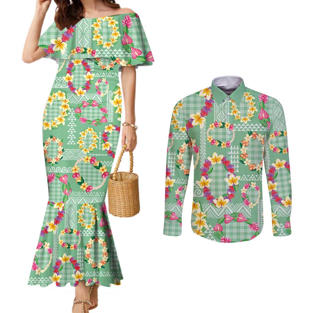 Hawaiian Leis Couples Matching Mermaid Dress and Long Sleeve Button Shirt Kakau Tattoos and Palaka Pastel Green Color
