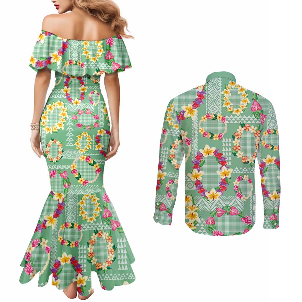 Hawaiian Leis Couples Matching Mermaid Dress and Long Sleeve Button Shirt Kakau Tattoos and Palaka Pastel Green Color