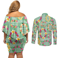 Hawaiian Leis Couples Matching Off Shoulder Short Dress and Long Sleeve Button Shirt Kakau Tattoos and Palaka Pastel Green Color