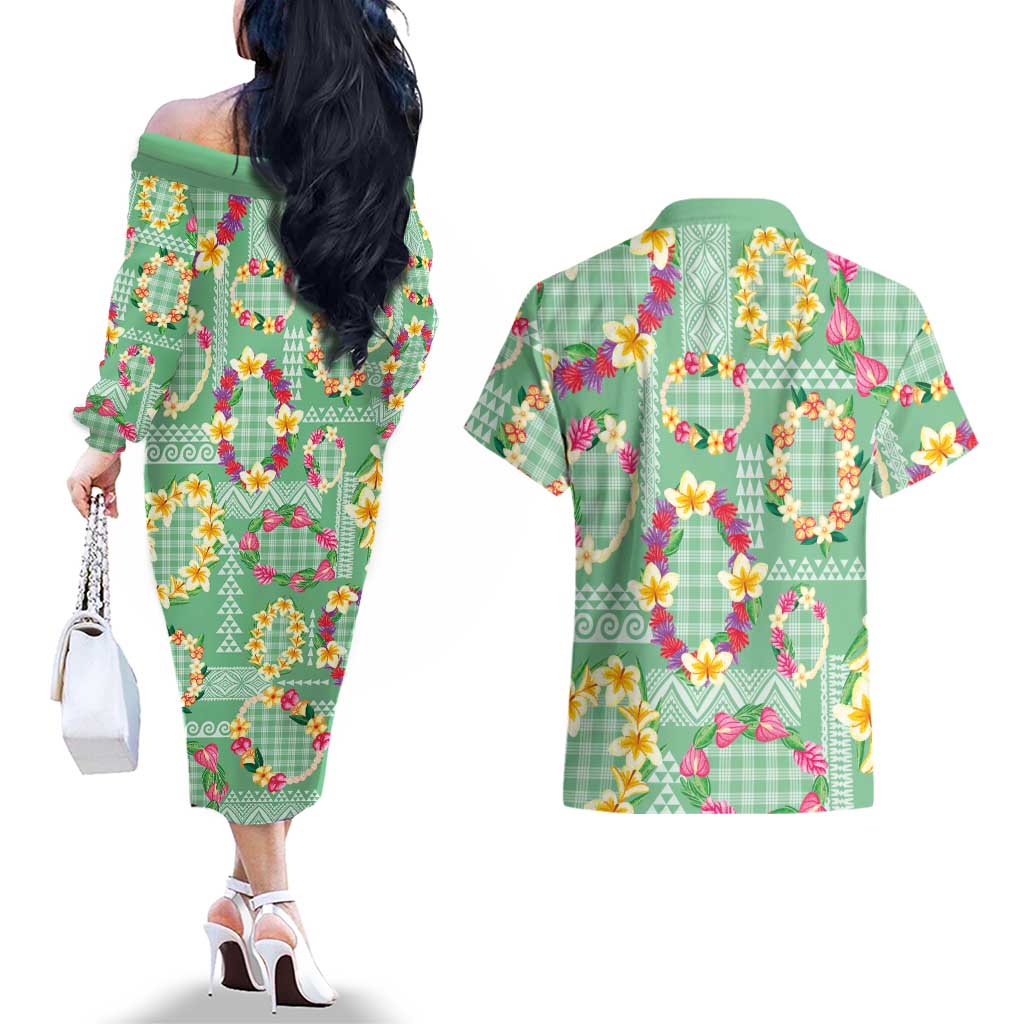 Hawaiian Leis Couples Matching Off The Shoulder Long Sleeve Dress and Hawaiian Shirt Kakau Tattoos and Palaka Pastel Green Color