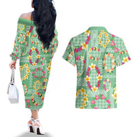 Hawaiian Leis Couples Matching Off The Shoulder Long Sleeve Dress and Hawaiian Shirt Kakau Tattoos and Palaka Pastel Green Color