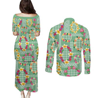 Hawaiian Leis Couples Matching Puletasi and Long Sleeve Button Shirt Kakau Tattoos and Palaka Pastel Green Color