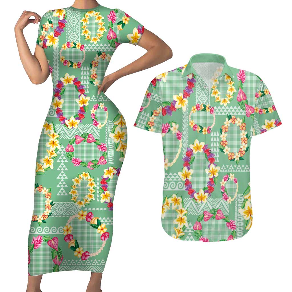 Hawaiian Leis Couples Matching Short Sleeve Bodycon Dress and Hawaiian Shirt Kakau Tattoos and Palaka Pastel Green Color