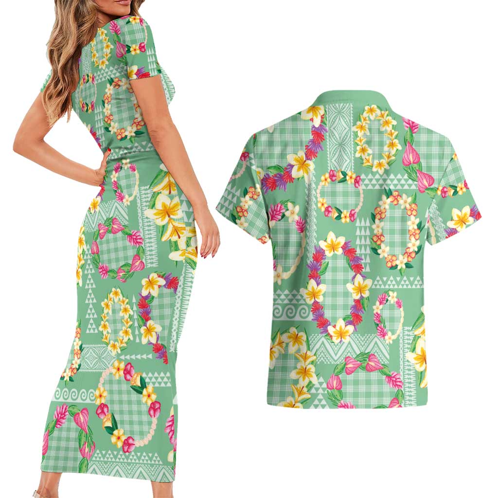 Hawaiian Leis Couples Matching Short Sleeve Bodycon Dress and Hawaiian Shirt Kakau Tattoos and Palaka Pastel Green Color