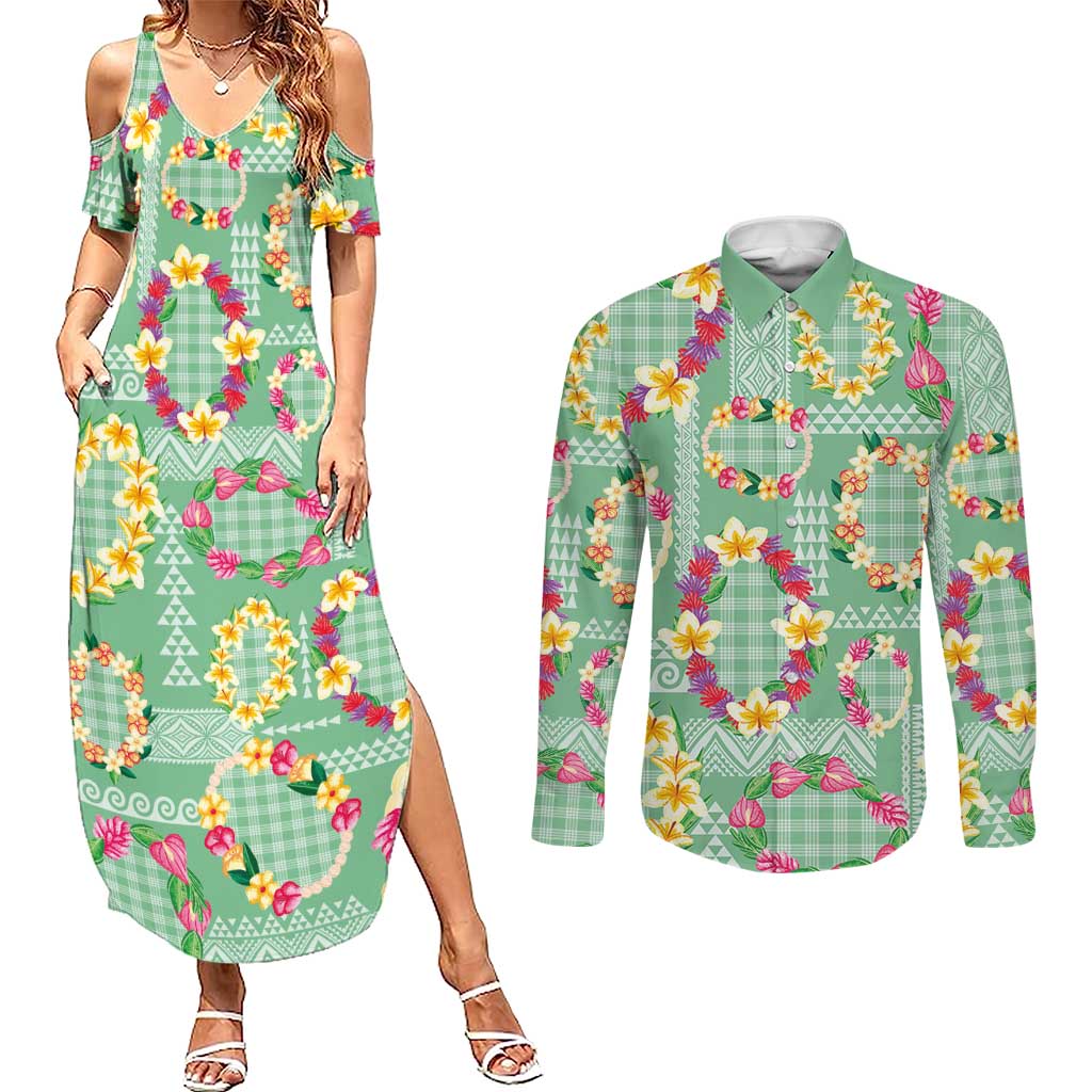 Hawaiian Leis Couples Matching Summer Maxi Dress and Long Sleeve Button Shirt Kakau Tattoos and Palaka Pastel Green Color LT03 Green - Polynesian Pride