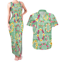 Hawaiian Leis Couples Matching Tank Maxi Dress and Hawaiian Shirt Kakau Tattoos and Palaka Pastel Green Color