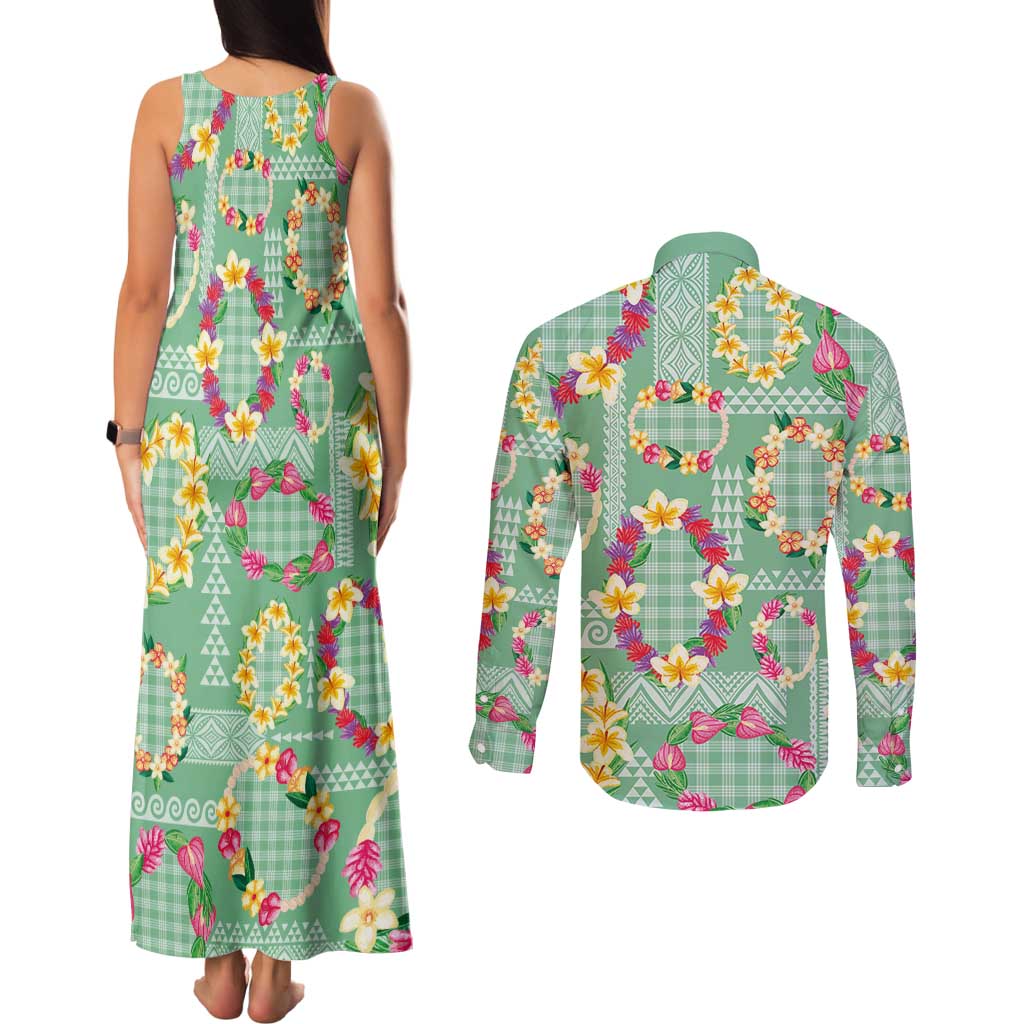 Hawaiian Leis Couples Matching Tank Maxi Dress and Long Sleeve Button Shirt Kakau Tattoos and Palaka Pastel Green Color
