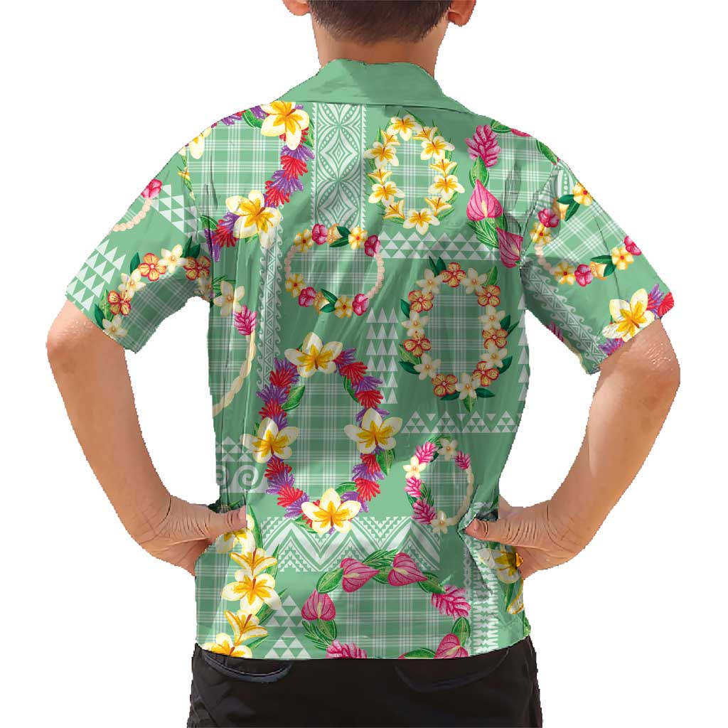 Hawaiian Leis Family Matching Long Sleeve Bodycon Dress and Hawaiian Shirt Kakau Tattoos and Palaka Pastel Green Color