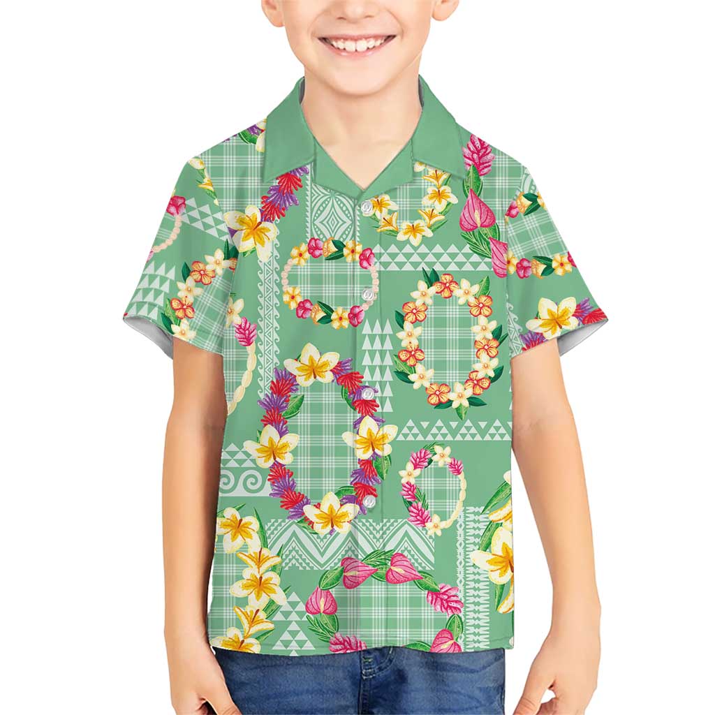 Hawaiian Leis Family Matching Long Sleeve Bodycon Dress and Hawaiian Shirt Kakau Tattoos and Palaka Pastel Green Color