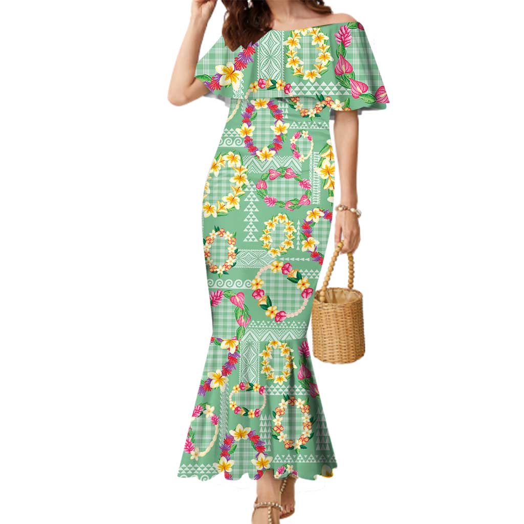 Hawaiian Leis Family Matching Mermaid Dress and Hawaiian Shirt Kakau Tattoos and Palaka Pastel Green Color